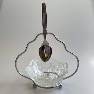 VINTAGE GLASS CONDIMENT DISH SILVER METAL STAND & SPOON